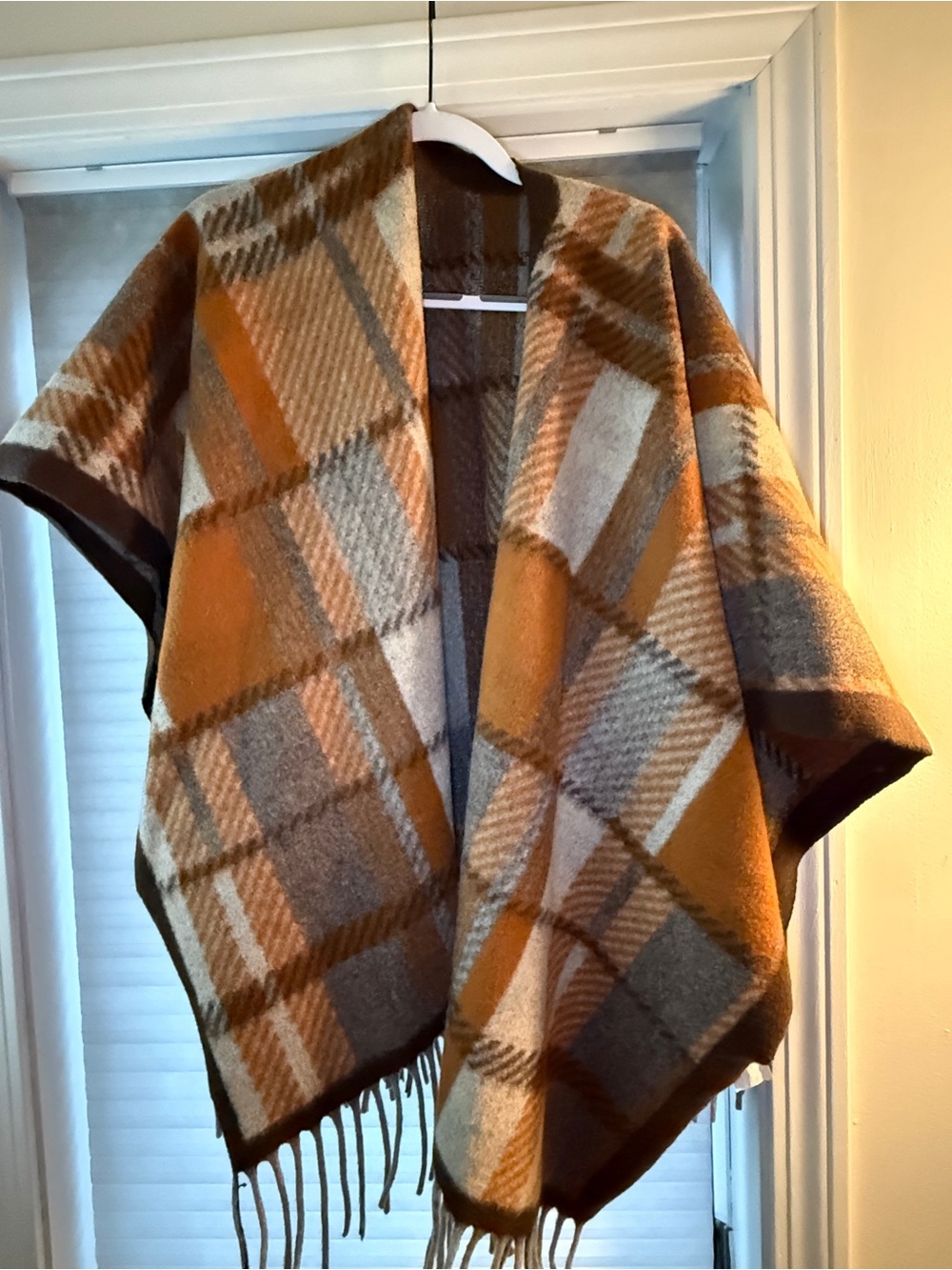 Plaid Fringe Shawl in Brown and Cream